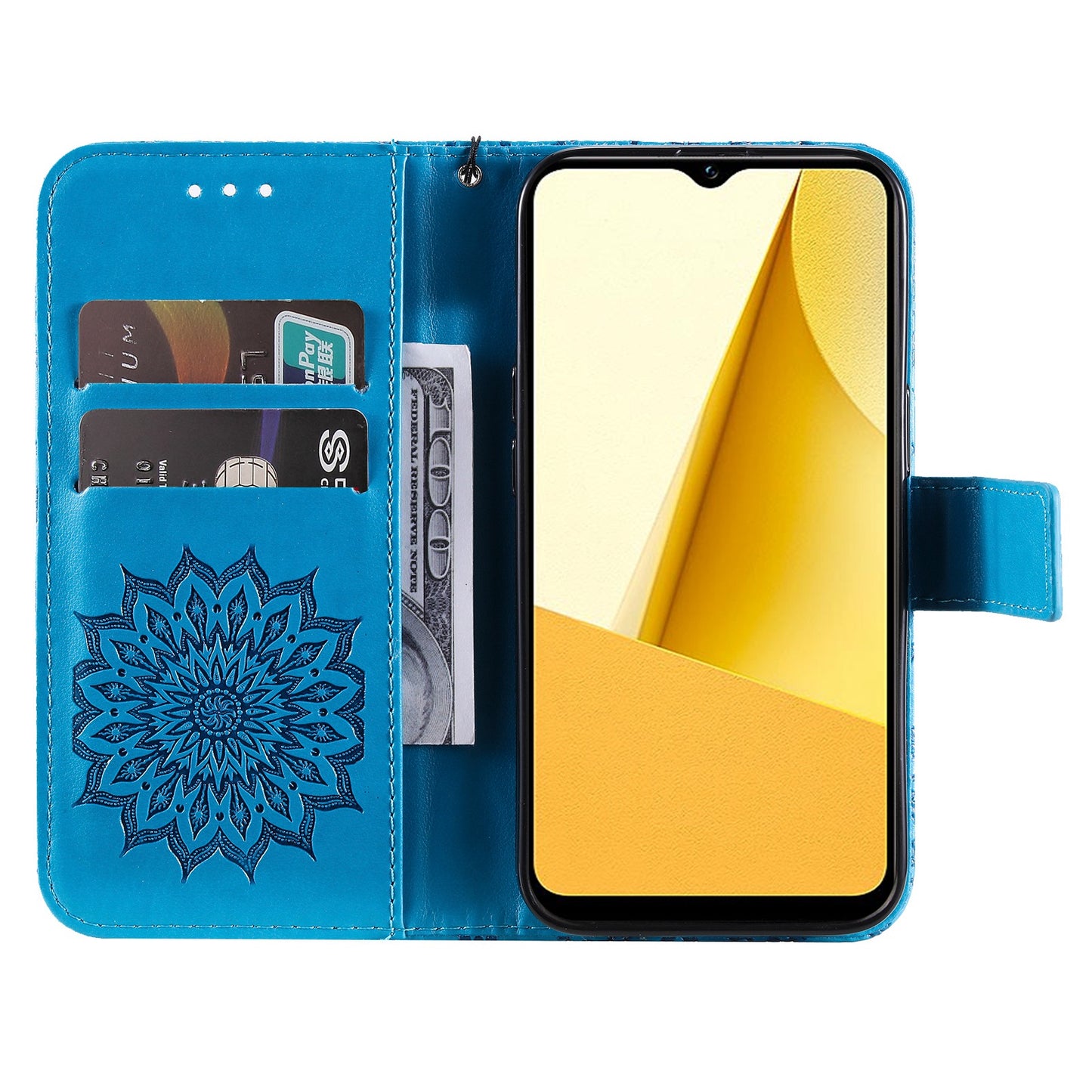 KT Imprinting Flower Series-1 for vivo Y16 4G / Y02s 4G Adjustable Stand Phone Wallet Cover Sunflower Imprinted PU Leather Shockproof Phone Case - Blue