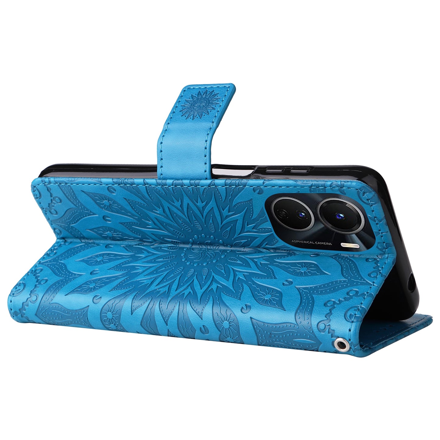 KT Imprinting Flower Series-1 for vivo Y16 4G / Y02s 4G Adjustable Stand Phone Wallet Cover Sunflower Imprinted PU Leather Shockproof Phone Case - Blue