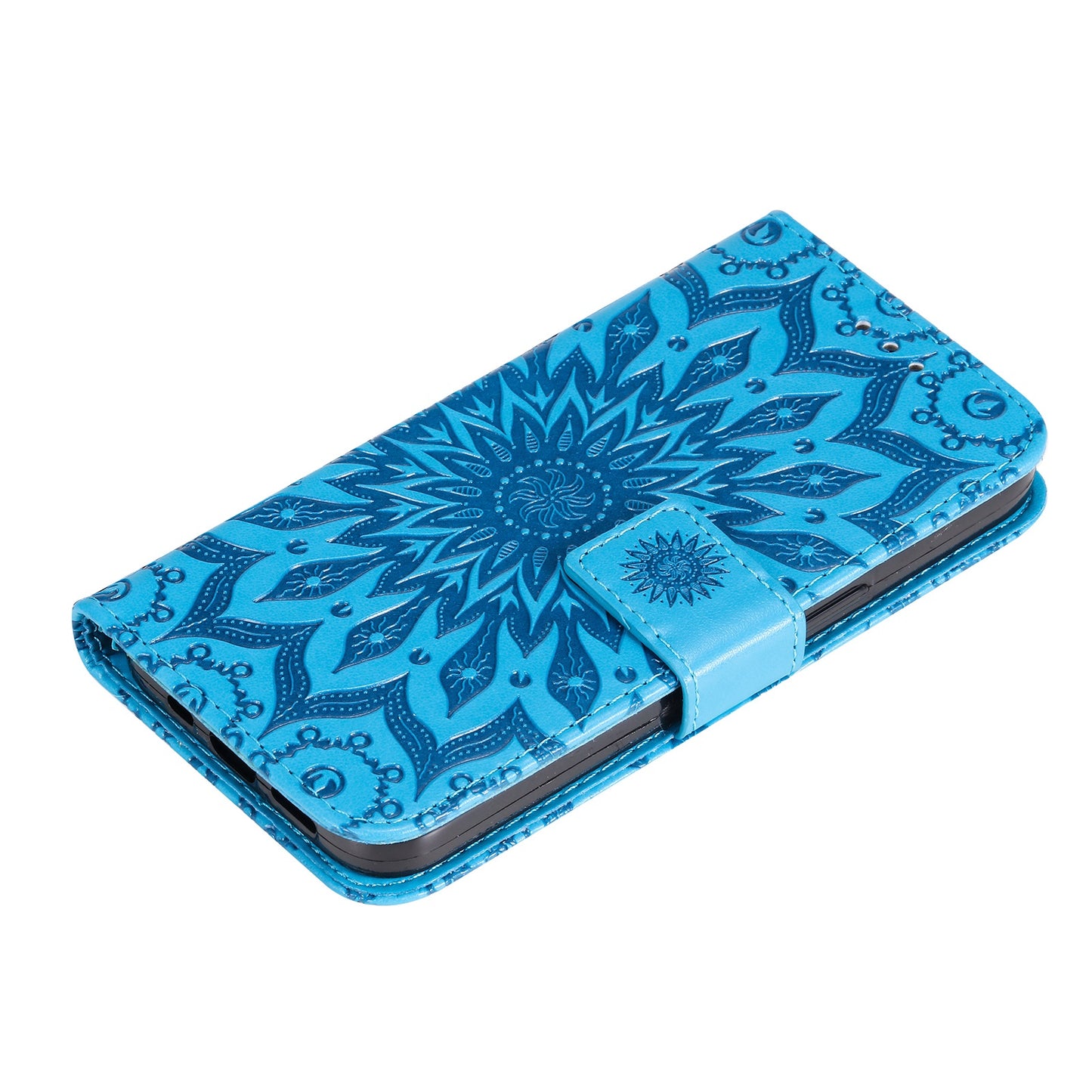 KT Imprinting Flower Series-1 for vivo Y16 4G / Y02s 4G Adjustable Stand Phone Wallet Cover Sunflower Imprinted PU Leather Shockproof Phone Case - Blue