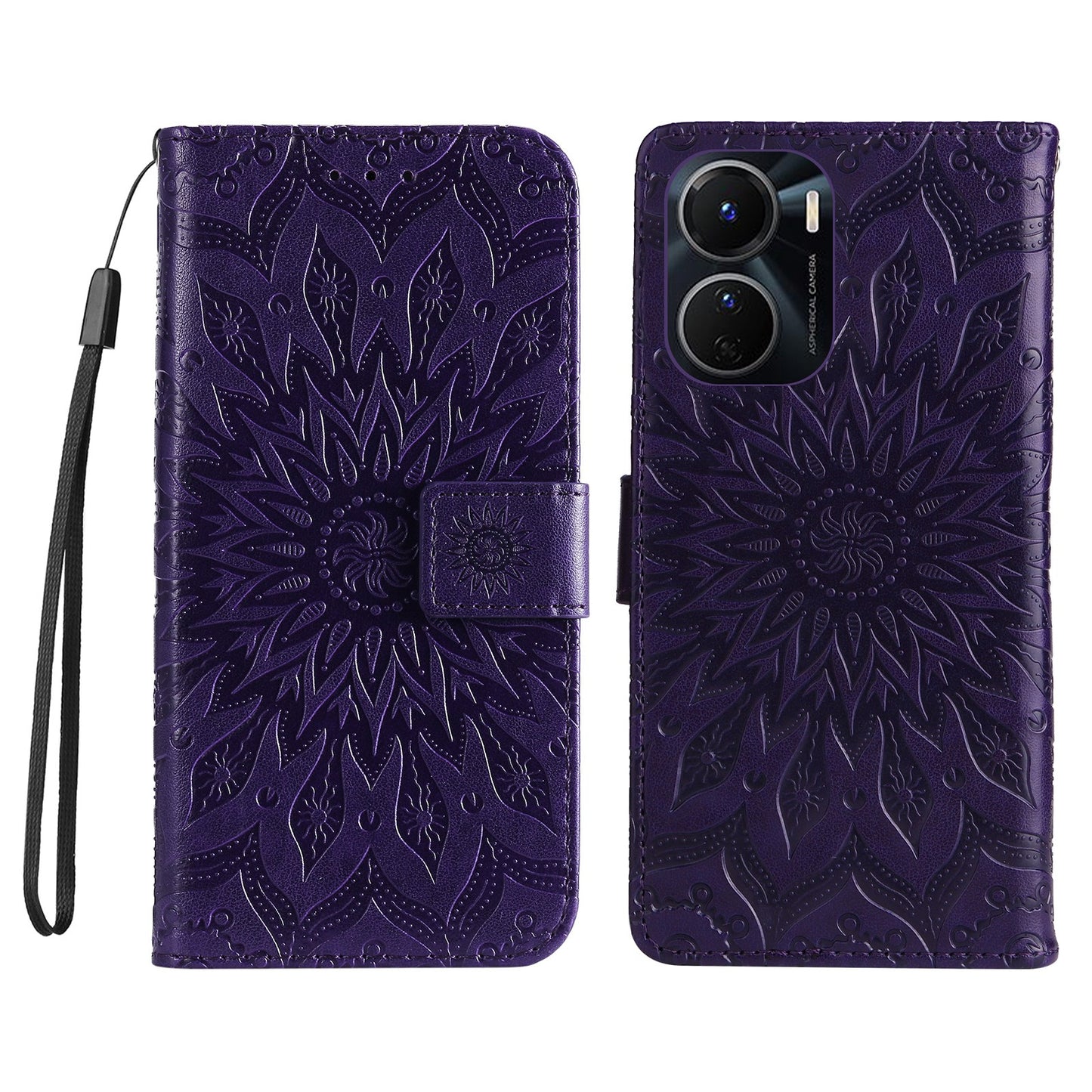 KT Imprinting Flower Series-1 for vivo Y16 4G / Y02s 4G Adjustable Stand Phone Wallet Cover Sunflower Imprinted PU Leather Shockproof Phone Case - Purple