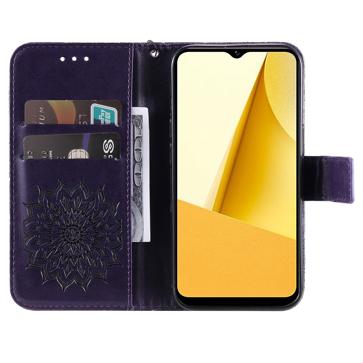 KT Imprinting Flower Series-1 for vivo Y16 4G / Y02s 4G Adjustable Stand Phone Wallet Cover Sunflower Imprinted PU Leather Shockproof Phone Case - Purple