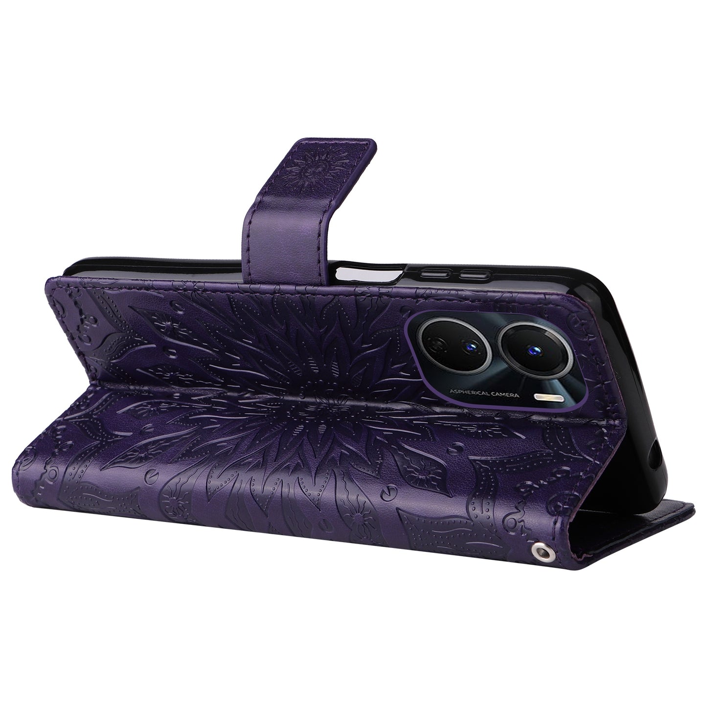 KT Imprinting Flower Series-1 for vivo Y16 4G / Y02s 4G Adjustable Stand Phone Wallet Cover Sunflower Imprinted PU Leather Shockproof Phone Case - Purple