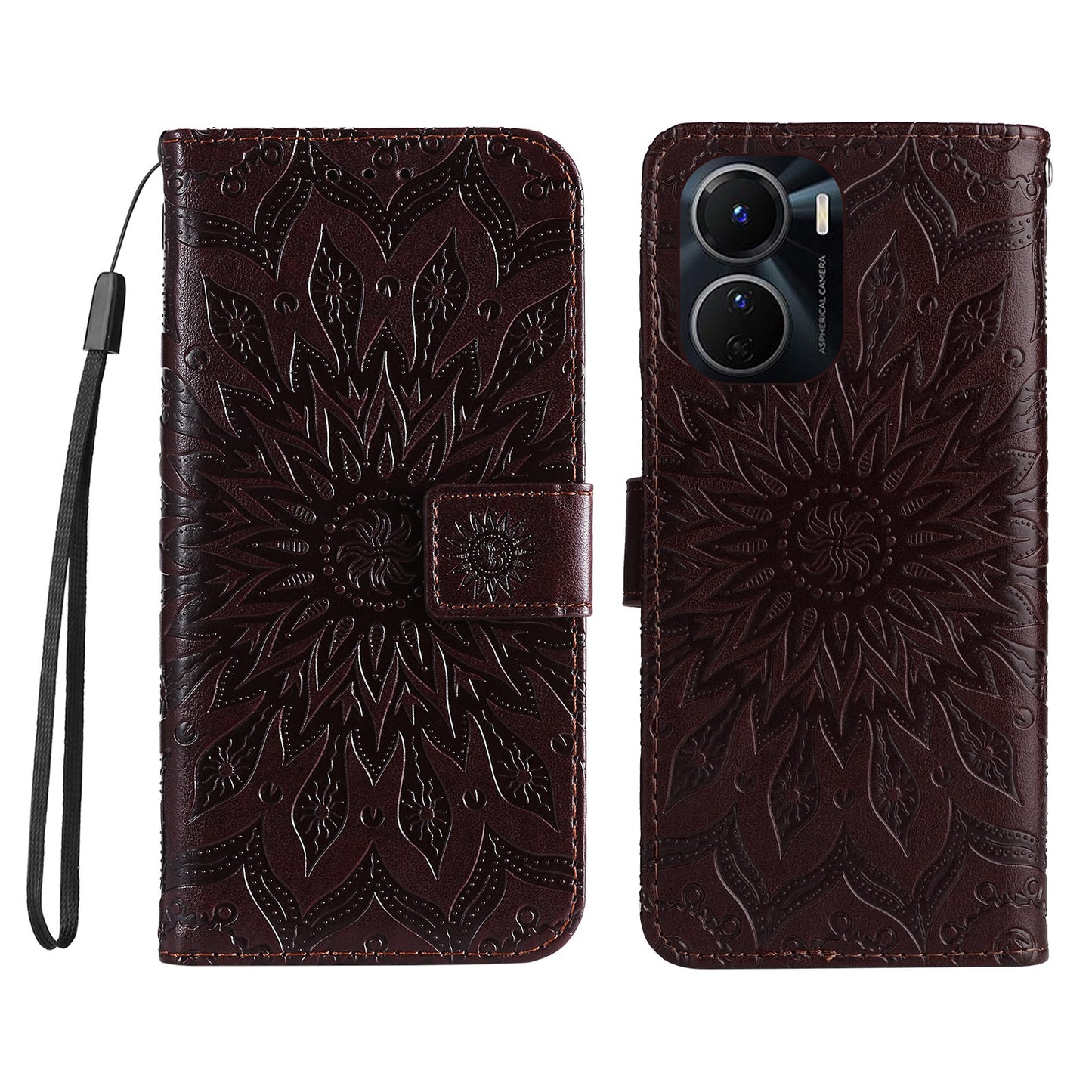 KT Imprinting Flower Series-1 for vivo Y16 4G / Y02s 4G Adjustable Stand Phone Wallet Cover Sunflower Imprinted PU Leather Shockproof Phone Case - Brown