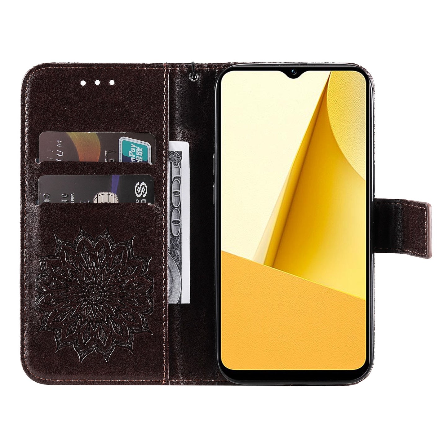 KT Imprinting Flower Series-1 for vivo Y16 4G / Y02s 4G Adjustable Stand Phone Wallet Cover Sunflower Imprinted PU Leather Shockproof Phone Case - Brown