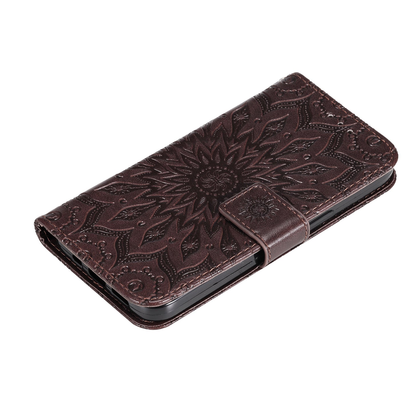 KT Imprinting Flower Series-1 for vivo Y16 4G / Y02s 4G Adjustable Stand Phone Wallet Cover Sunflower Imprinted PU Leather Shockproof Phone Case - Brown