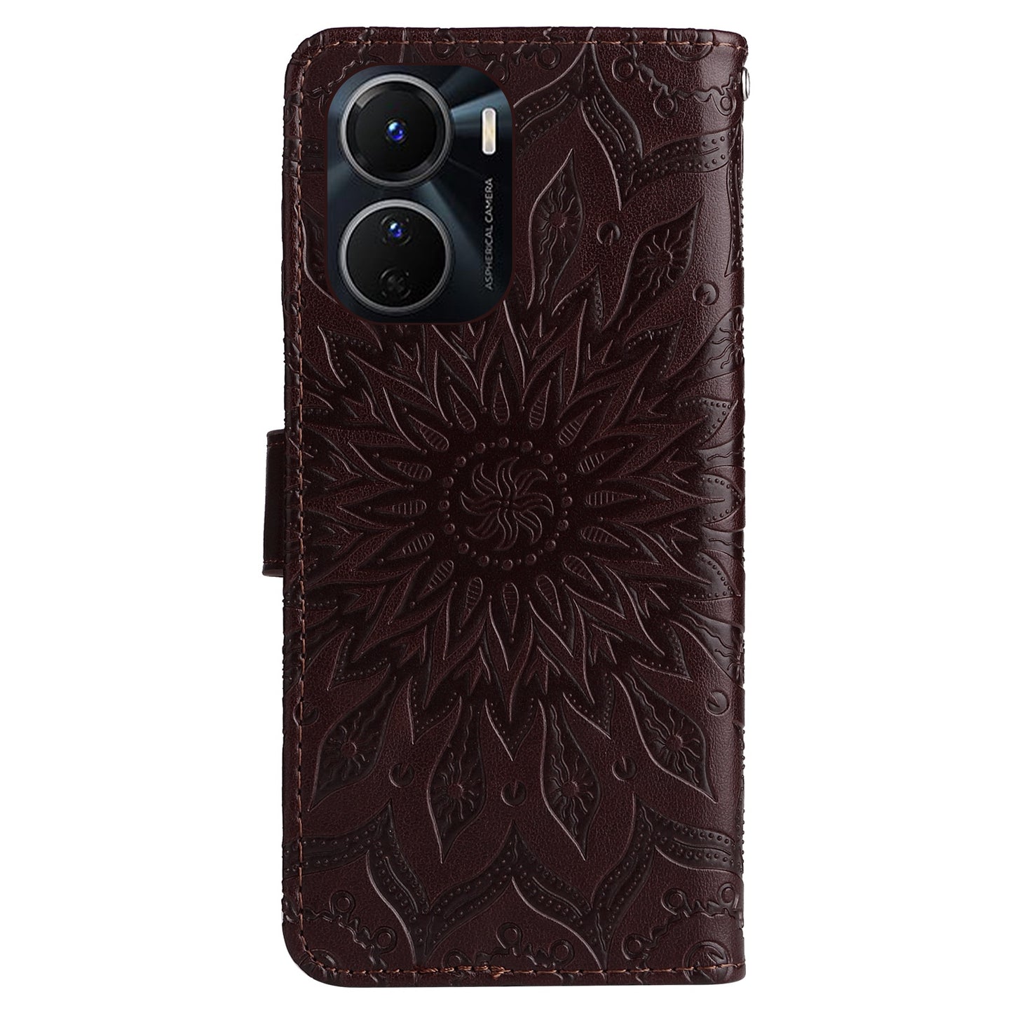 KT Imprinting Flower Series-1 for vivo Y16 4G / Y02s 4G Adjustable Stand Phone Wallet Cover Sunflower Imprinted PU Leather Shockproof Phone Case - Brown