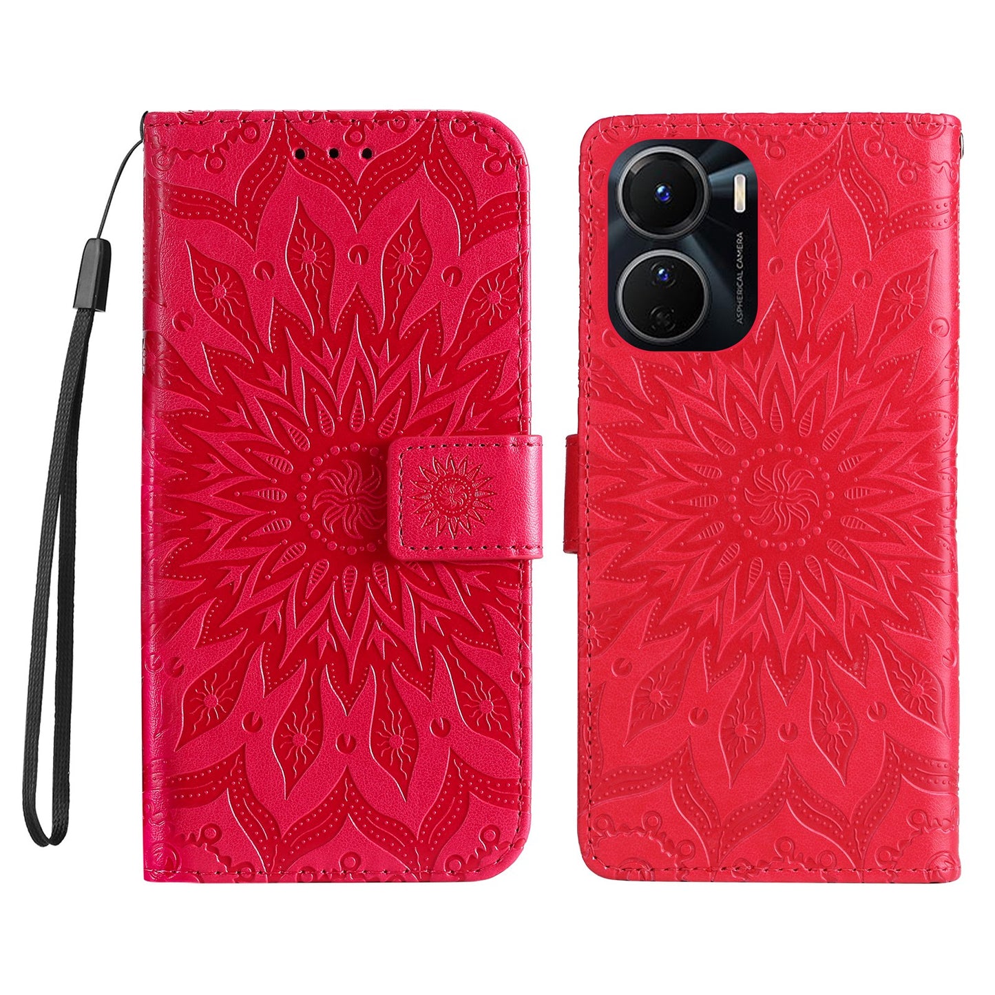 KT Imprinting Flower Series-1 for vivo Y16 4G / Y02s 4G Adjustable Stand Phone Wallet Cover Sunflower Imprinted PU Leather Shockproof Phone Case - Red