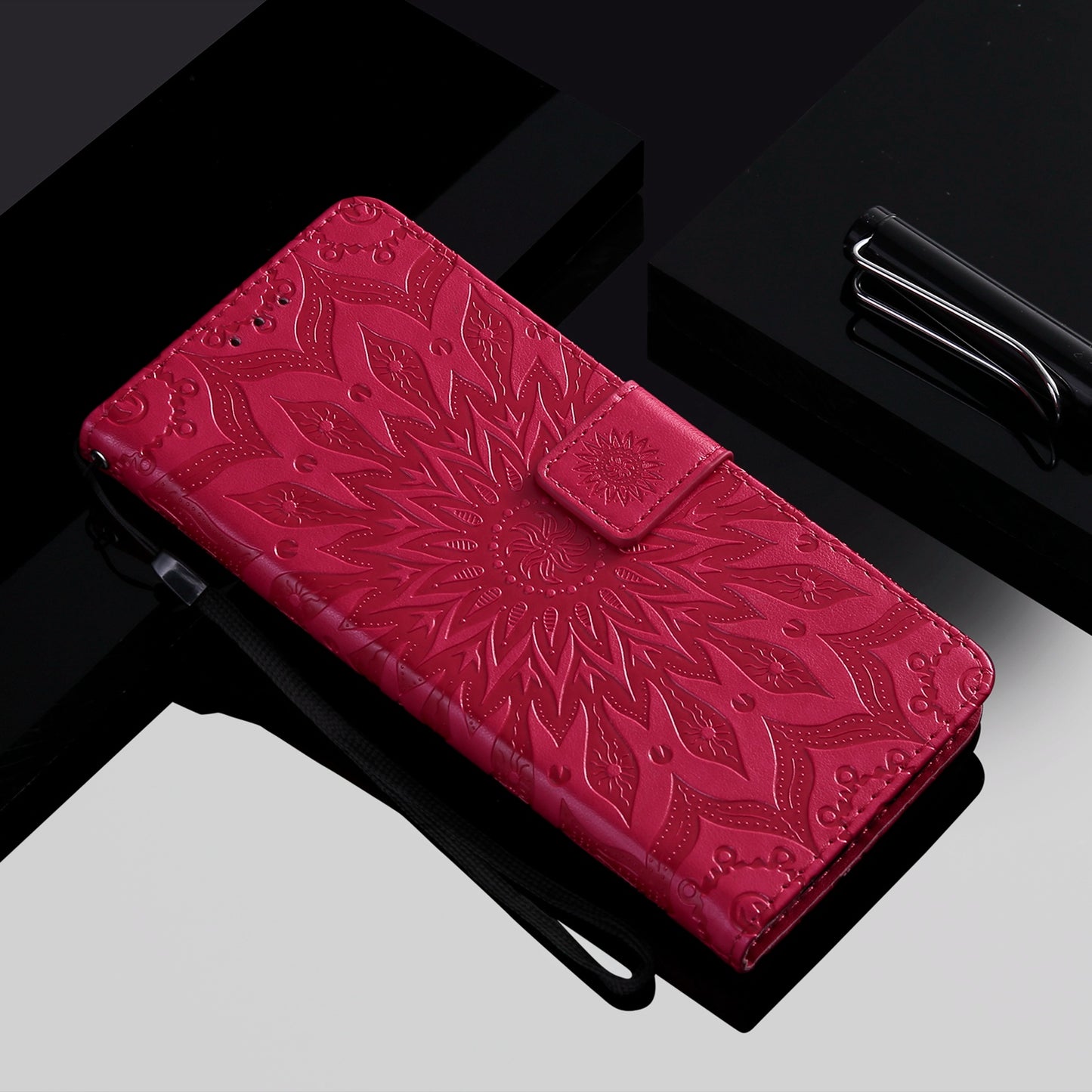 KT Imprinting Flower Series-1 for vivo Y16 4G / Y02s 4G Adjustable Stand Phone Wallet Cover Sunflower Imprinted PU Leather Shockproof Phone Case - Red