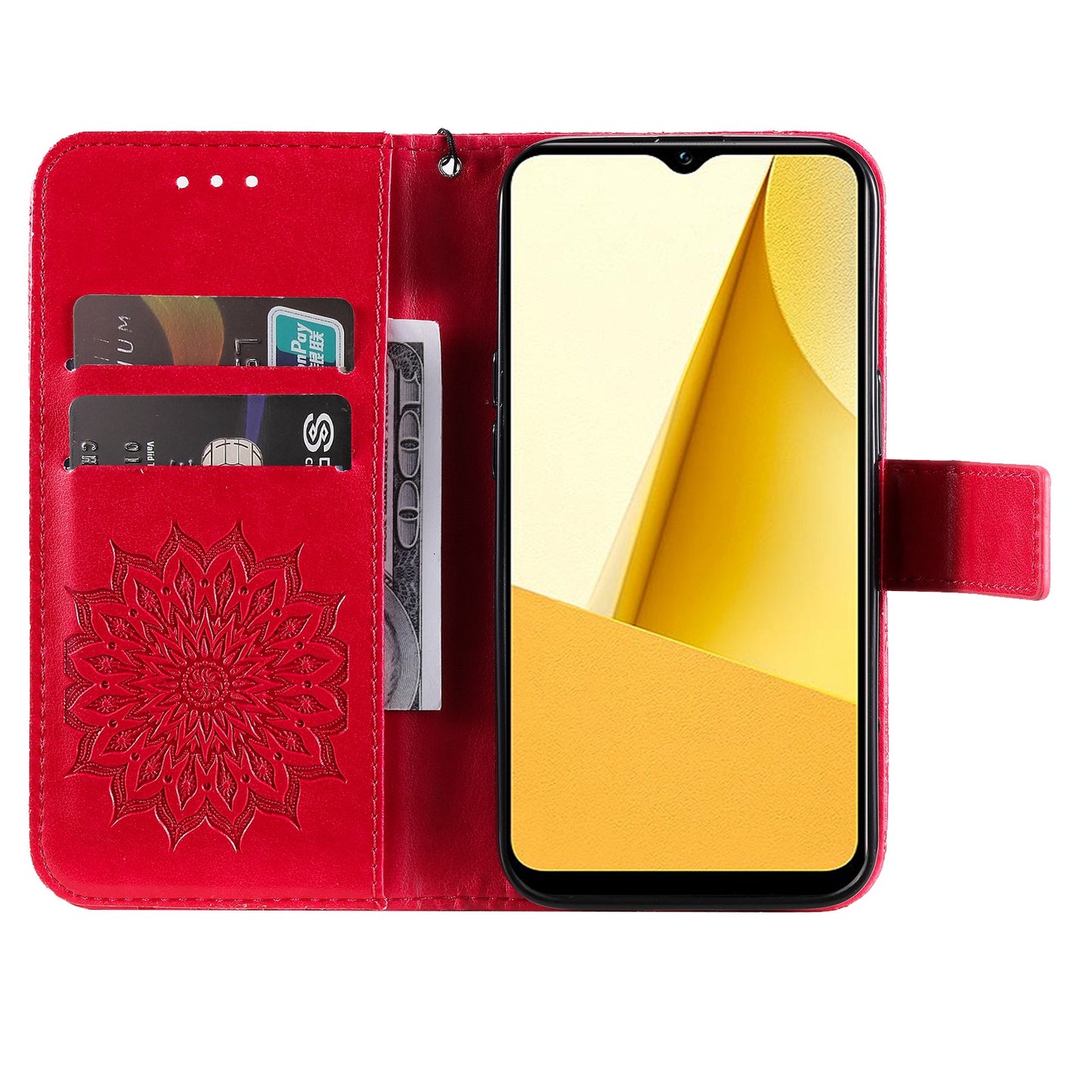 KT Imprinting Flower Series-1 for vivo Y16 4G / Y02s 4G Adjustable Stand Phone Wallet Cover Sunflower Imprinted PU Leather Shockproof Phone Case - Red