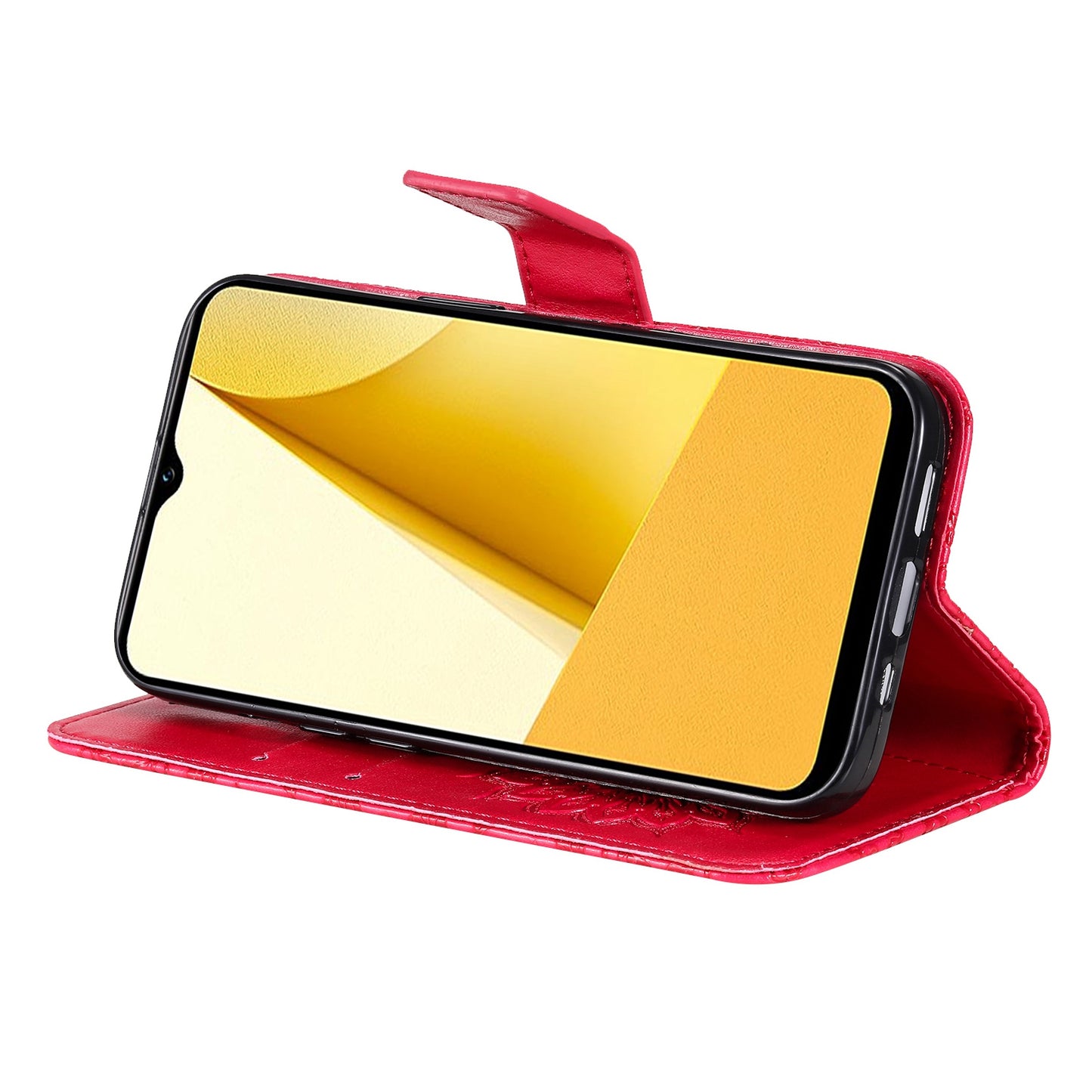 KT Imprinting Flower Series-1 for vivo Y16 4G / Y02s 4G Adjustable Stand Phone Wallet Cover Sunflower Imprinted PU Leather Shockproof Phone Case - Red