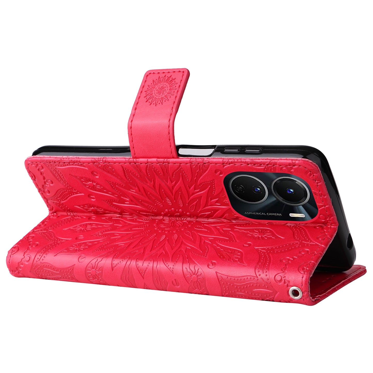 KT Imprinting Flower Series-1 for vivo Y16 4G / Y02s 4G Adjustable Stand Phone Wallet Cover Sunflower Imprinted PU Leather Shockproof Phone Case - Red