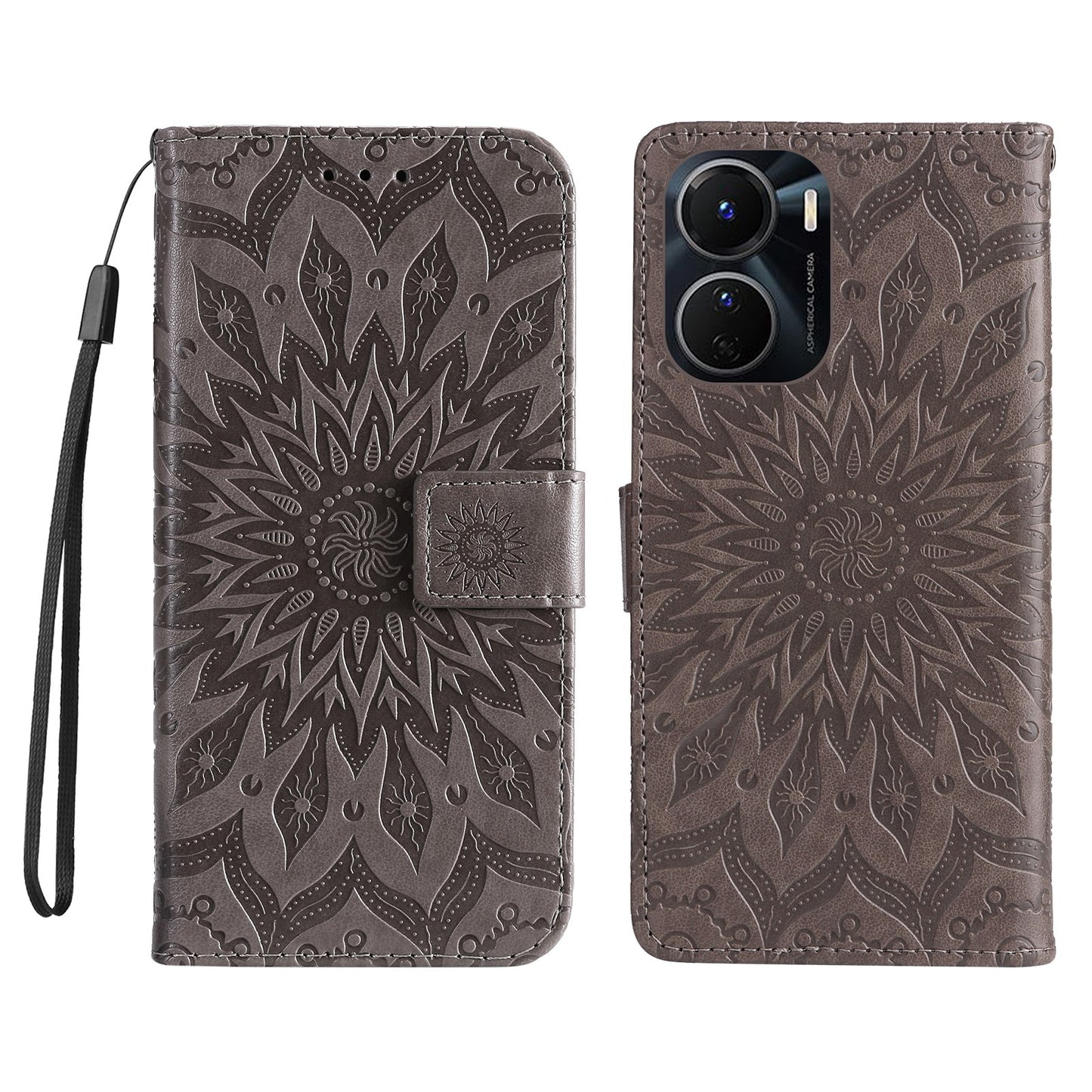 KT Imprinting Flower Series-1 for vivo Y16 4G / Y02s 4G Adjustable Stand Phone Wallet Cover Sunflower Imprinted PU Leather Shockproof Phone Case - Grey
