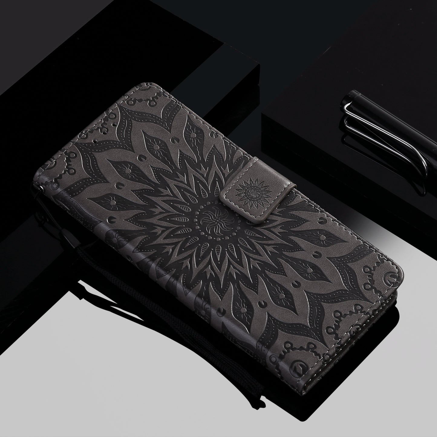 KT Imprinting Flower Series-1 for vivo Y16 4G / Y02s 4G Adjustable Stand Phone Wallet Cover Sunflower Imprinted PU Leather Shockproof Phone Case - Grey