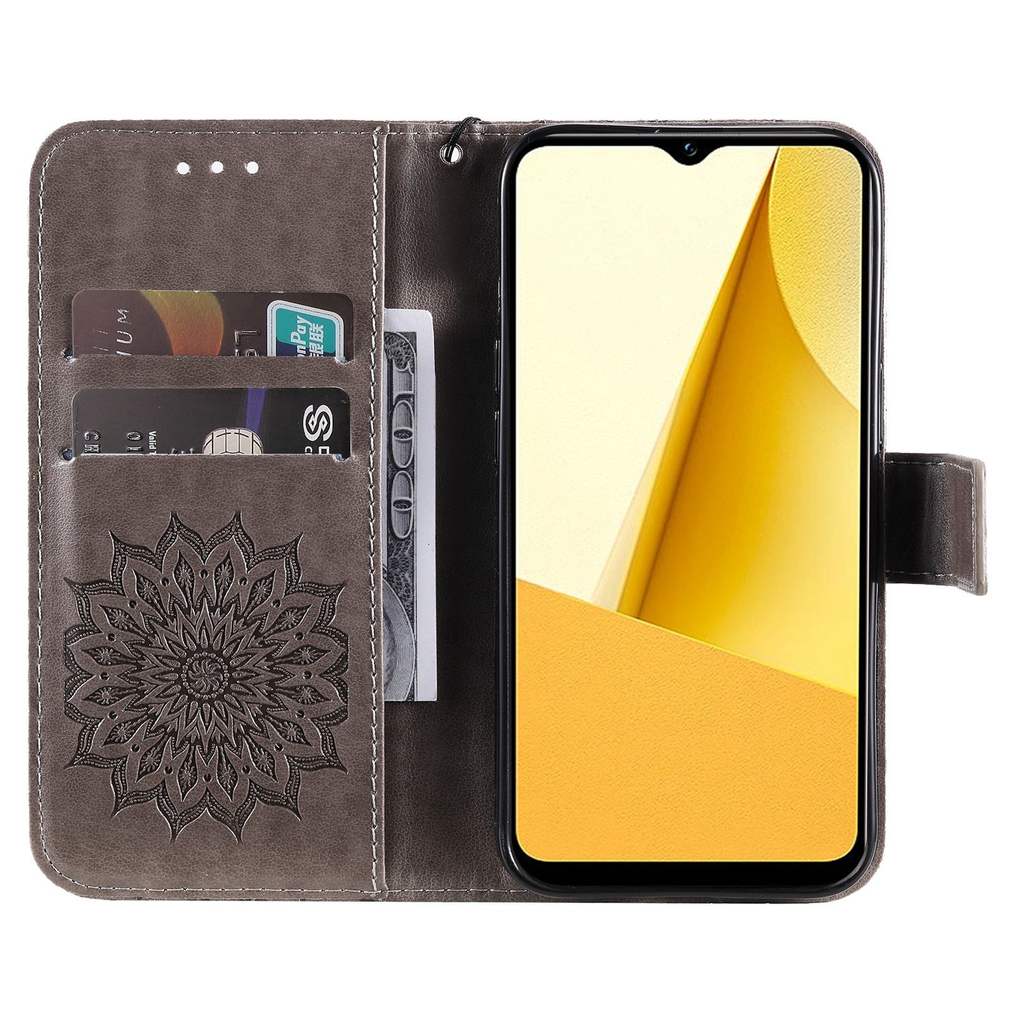 KT Imprinting Flower Series-1 for vivo Y16 4G / Y02s 4G Adjustable Stand Phone Wallet Cover Sunflower Imprinted PU Leather Shockproof Phone Case - Grey