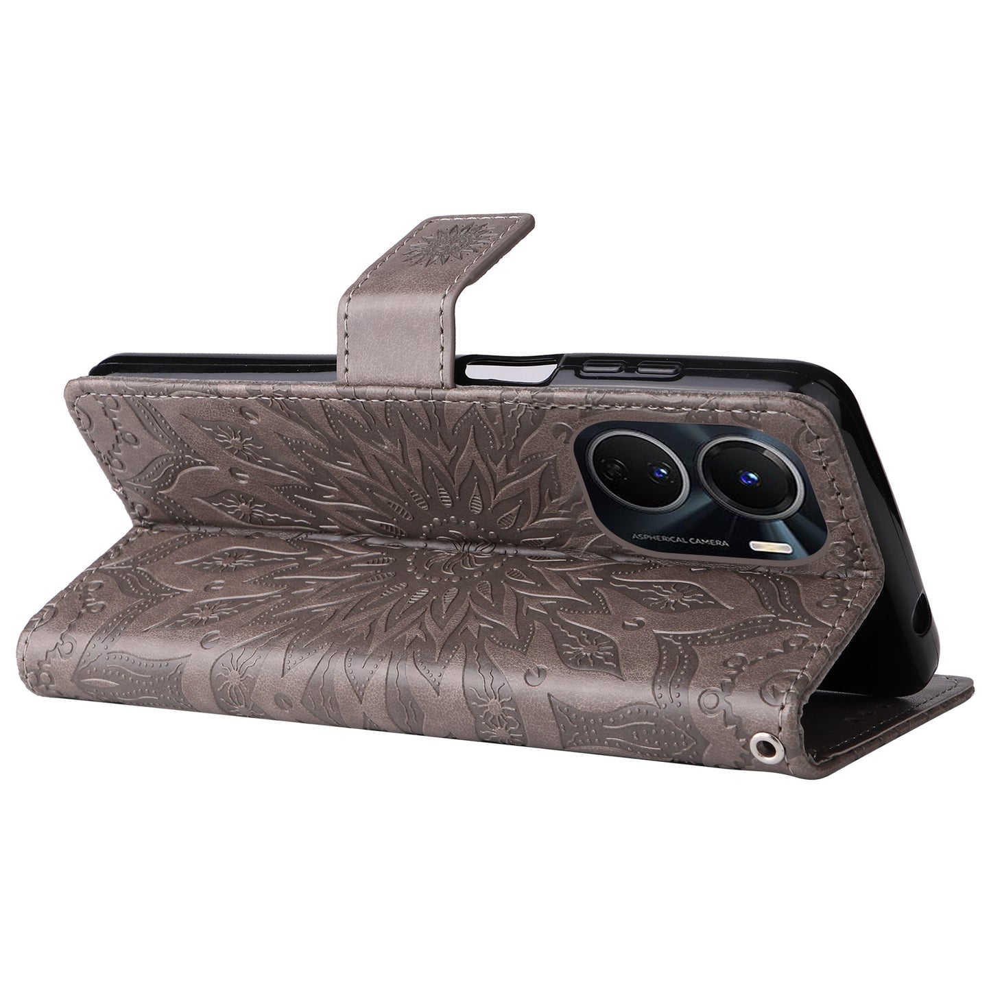 KT Imprinting Flower Series-1 for vivo Y16 4G / Y02s 4G Adjustable Stand Phone Wallet Cover Sunflower Imprinted PU Leather Shockproof Phone Case - Grey