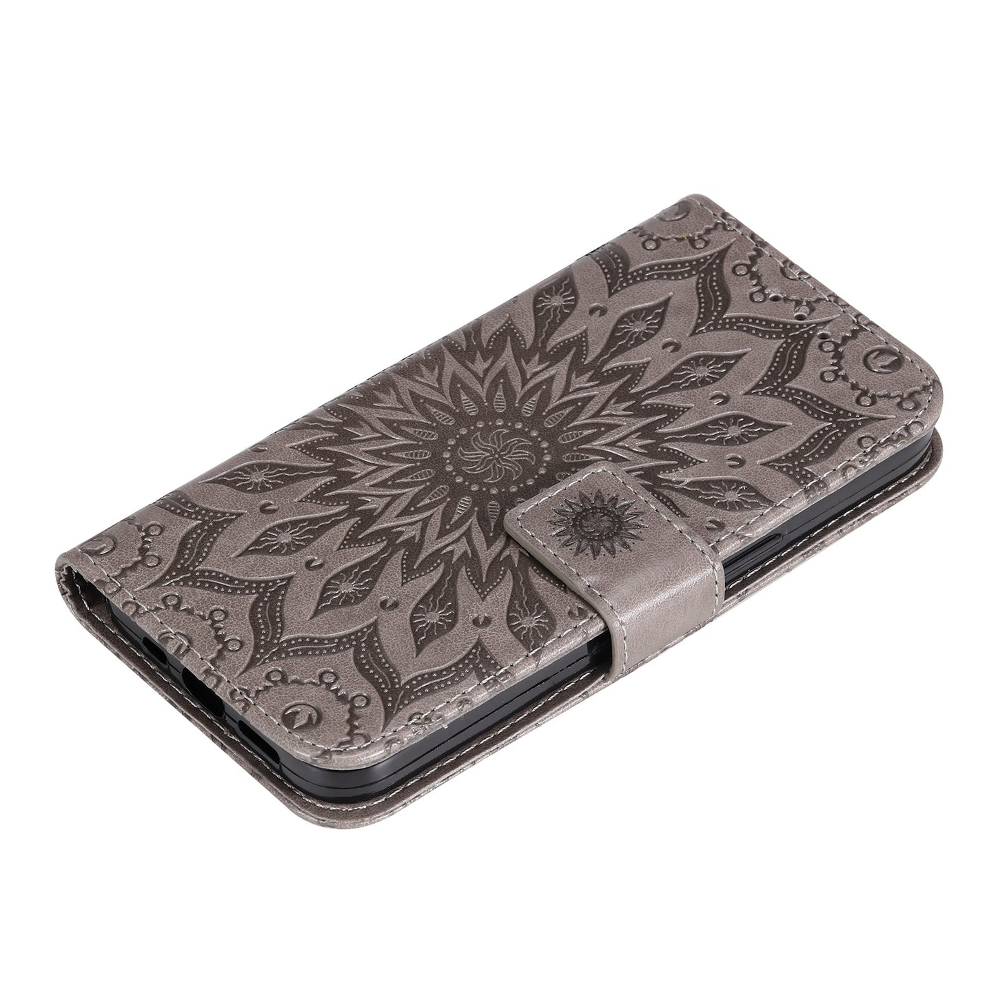 KT Imprinting Flower Series-1 for vivo Y16 4G / Y02s 4G Adjustable Stand Phone Wallet Cover Sunflower Imprinted PU Leather Shockproof Phone Case - Grey