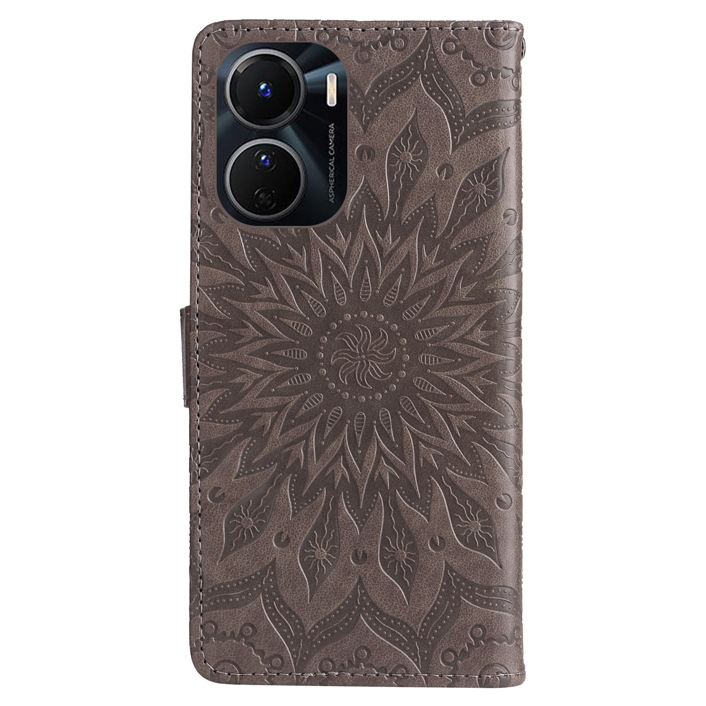 KT Imprinting Flower Series-1 for vivo Y16 4G / Y02s 4G Adjustable Stand Phone Wallet Cover Sunflower Imprinted PU Leather Shockproof Phone Case - Grey