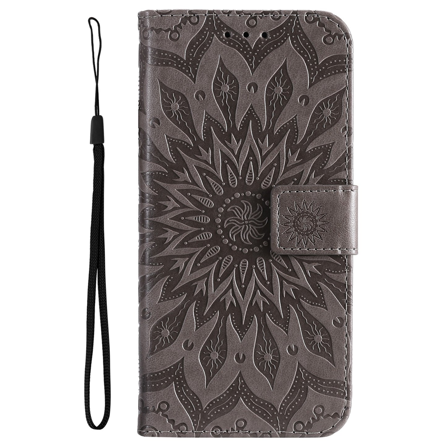 KT Imprinting Flower Series-1 for vivo Y16 4G / Y02s 4G Adjustable Stand Phone Wallet Cover Sunflower Imprinted PU Leather Shockproof Phone Case - Grey