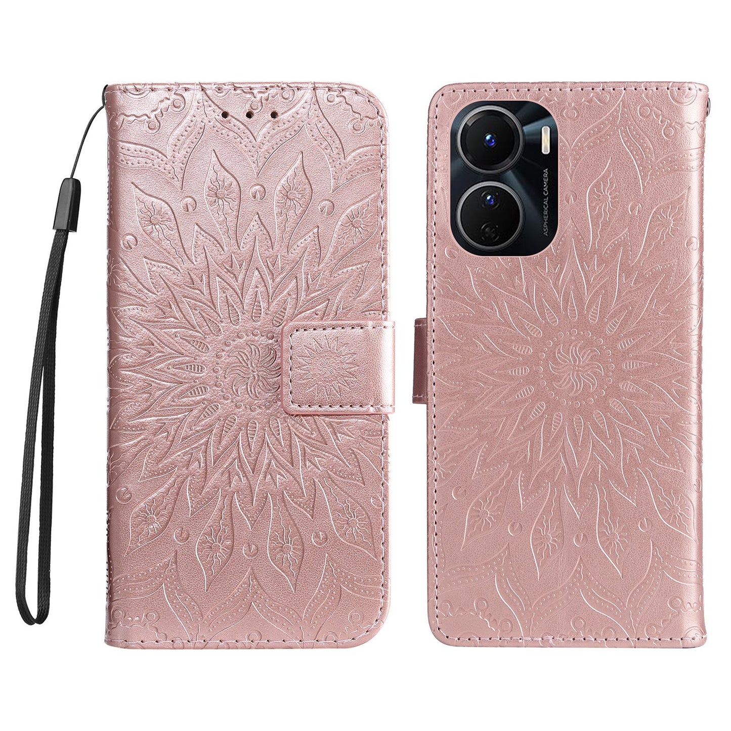 KT Imprinting Flower Series-1 for vivo Y16 4G / Y02s 4G Adjustable Stand Phone Wallet Cover Sunflower Imprinted PU Leather Shockproof Phone Case - Rose Gold