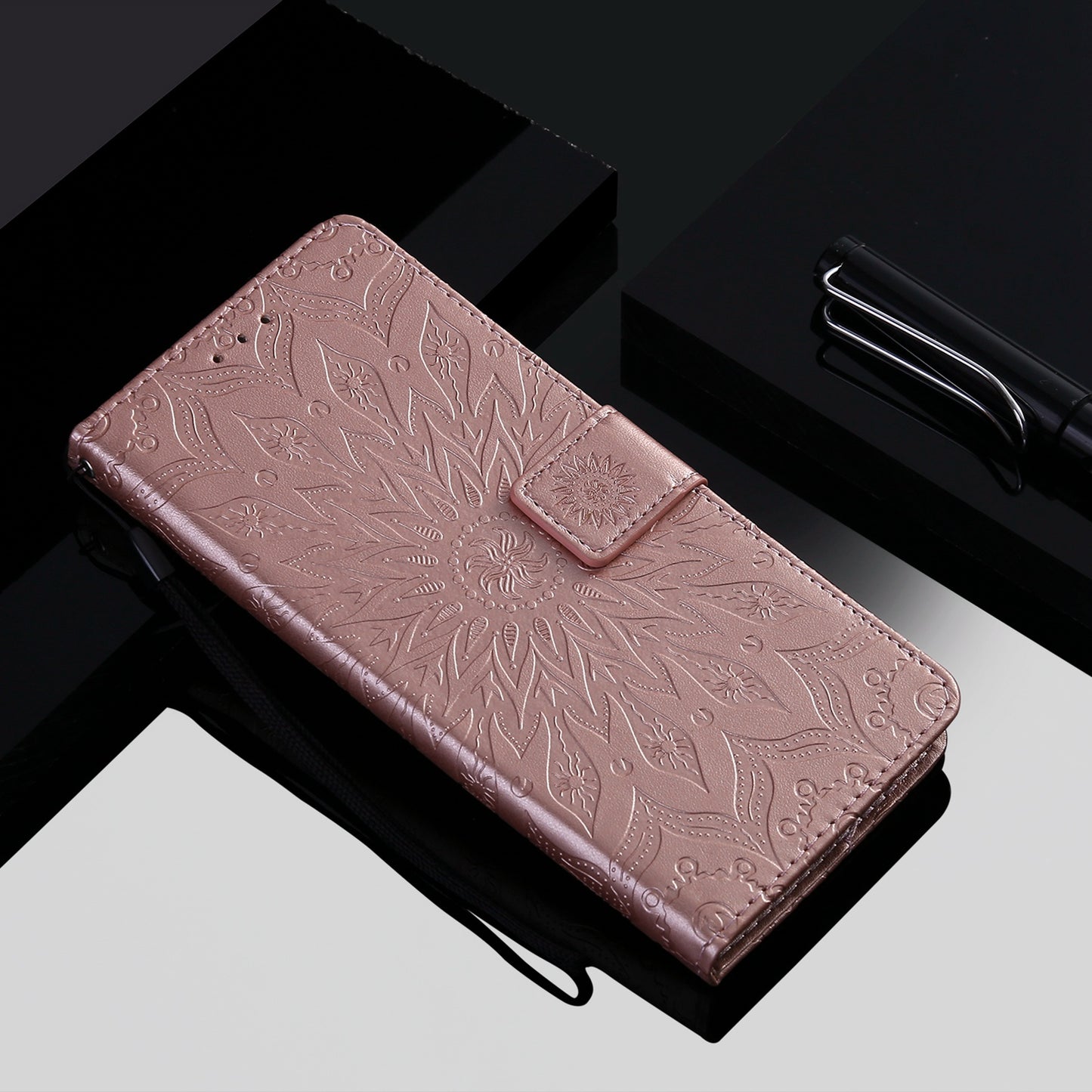 KT Imprinting Flower Series-1 for vivo Y16 4G / Y02s 4G Adjustable Stand Phone Wallet Cover Sunflower Imprinted PU Leather Shockproof Phone Case - Rose Gold