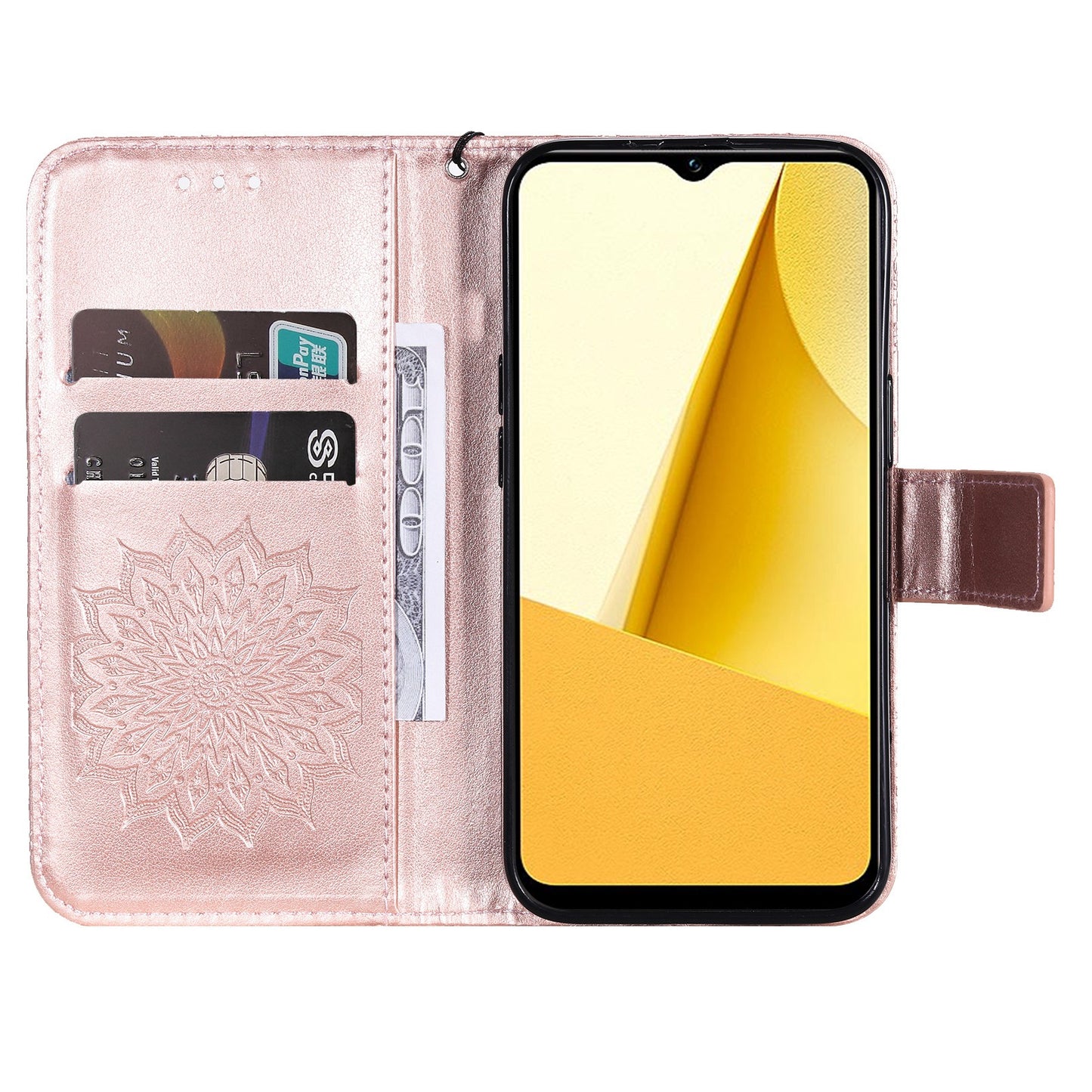 KT Imprinting Flower Series-1 for vivo Y16 4G / Y02s 4G Adjustable Stand Phone Wallet Cover Sunflower Imprinted PU Leather Shockproof Phone Case - Rose Gold