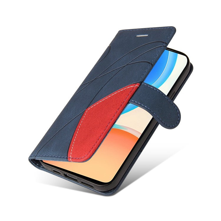 KT Leather Series-1 Phone Wallet Case for Honor X8 4G, Splicing PU Leather Collision Resistant Dual-color Stand Function Phone Cover - Blue