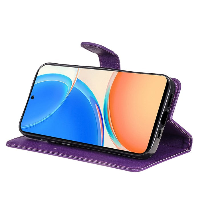 KT Leather Series-2 Phone Case for Honor X8 4G, All-round Shockproof PU Leather Flip Wallet Cover Solid Color Magnetic Closure Stand Phone Shell with Strap - Purple