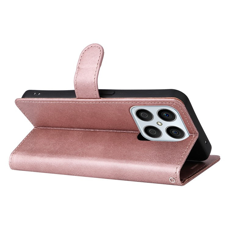 KT Leather Series-2 Phone Case for Honor X8 4G, All-round Shockproof PU Leather Flip Wallet Cover Solid Color Magnetic Closure Stand Phone Shell with Strap - Rose Gold