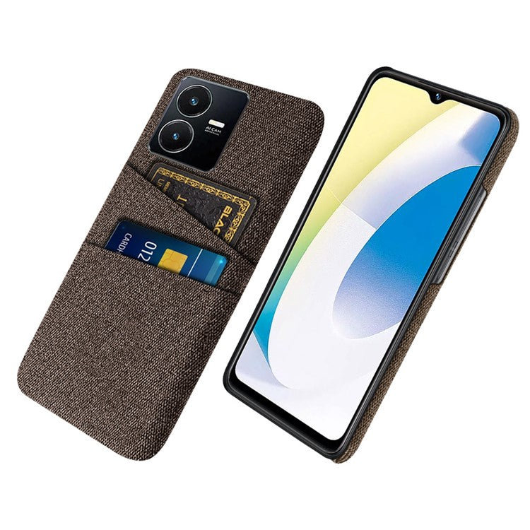 For vivo Y22s 4G / Y35 4G (2022) / Y22 4G Cloth Texture Phone Case Shock Absorbing Dual Card Slots PC Protective Back Cover - Brown