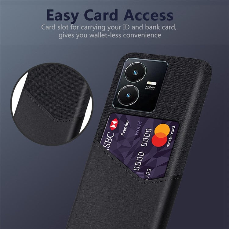 For vivo Y22s 4G / Y35 4G (2022) / Y22 4G Anti-Fall Shockproof Case Cloth Texture Phone Case Card Holder PU Leather Coated PC Cover - Black