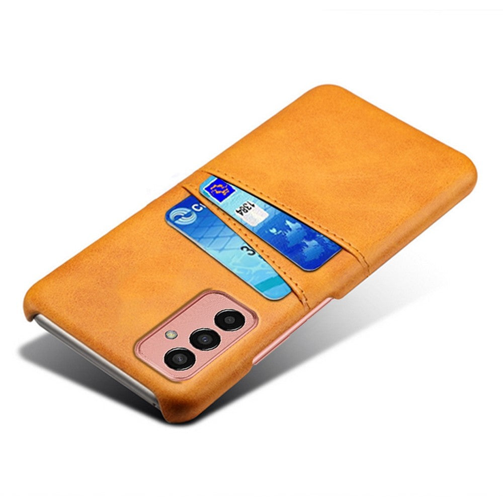 For Samsung Galaxy M13 4G Phone Case with Dual Card Slots, Drop Resistant PU Leather Coated Hard PC Cover - Orange