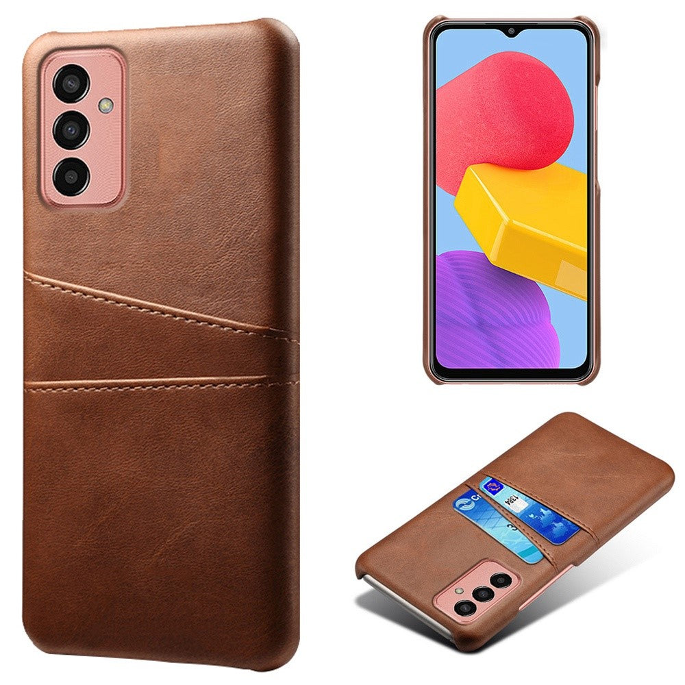 For Samsung Galaxy M13 4G Phone Case with Dual Card Slots, Drop Resistant PU Leather Coated Hard PC Cover - Brown