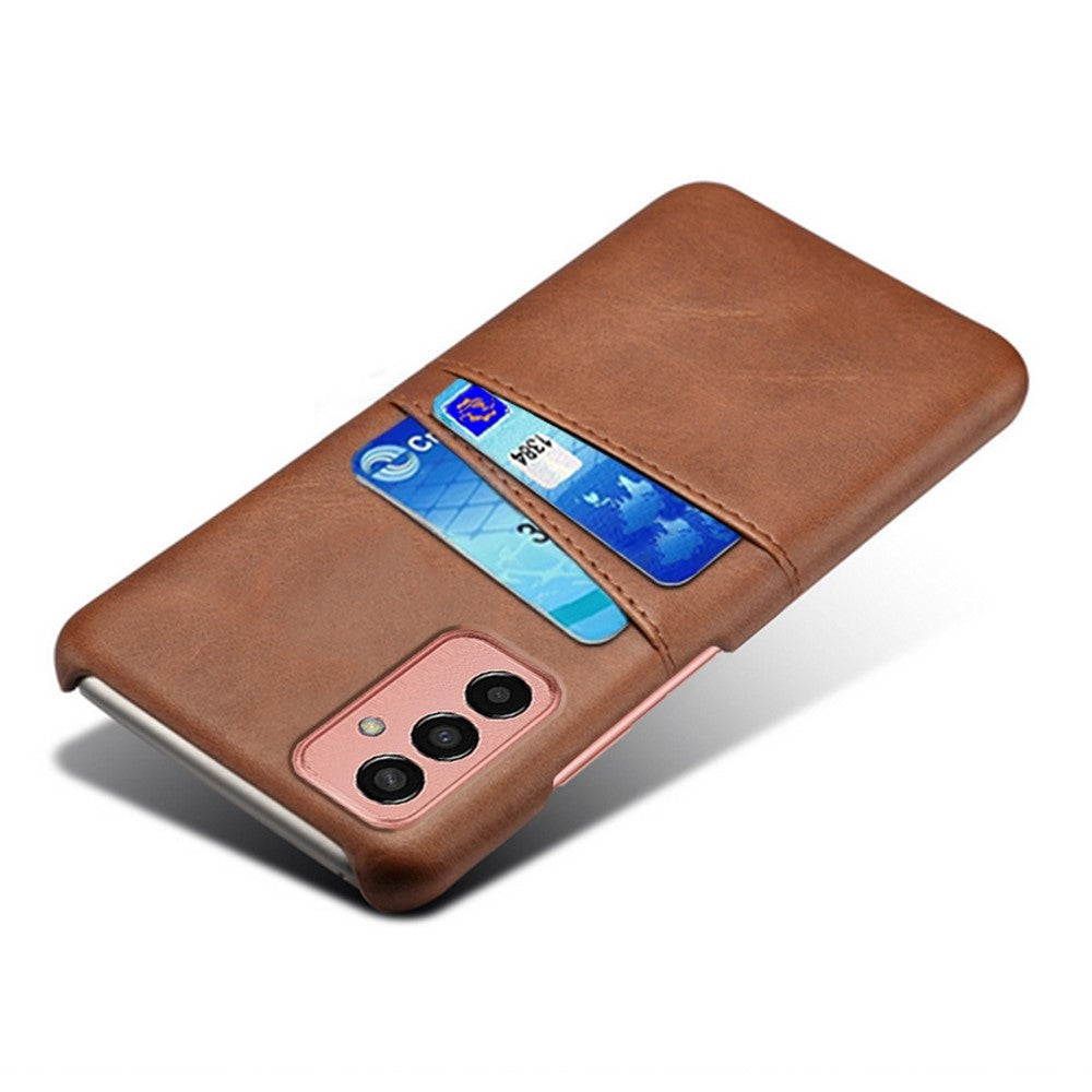 For Samsung Galaxy M13 4G Phone Case with Dual Card Slots, Drop Resistant PU Leather Coated Hard PC Cover - Brown