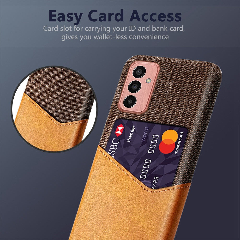 Cellphone Case for Samsung Galaxy M13 4G Card Holder Design Anti-fall Cloth Texture Phone Case PU Leather Coated PC Cover - Brown