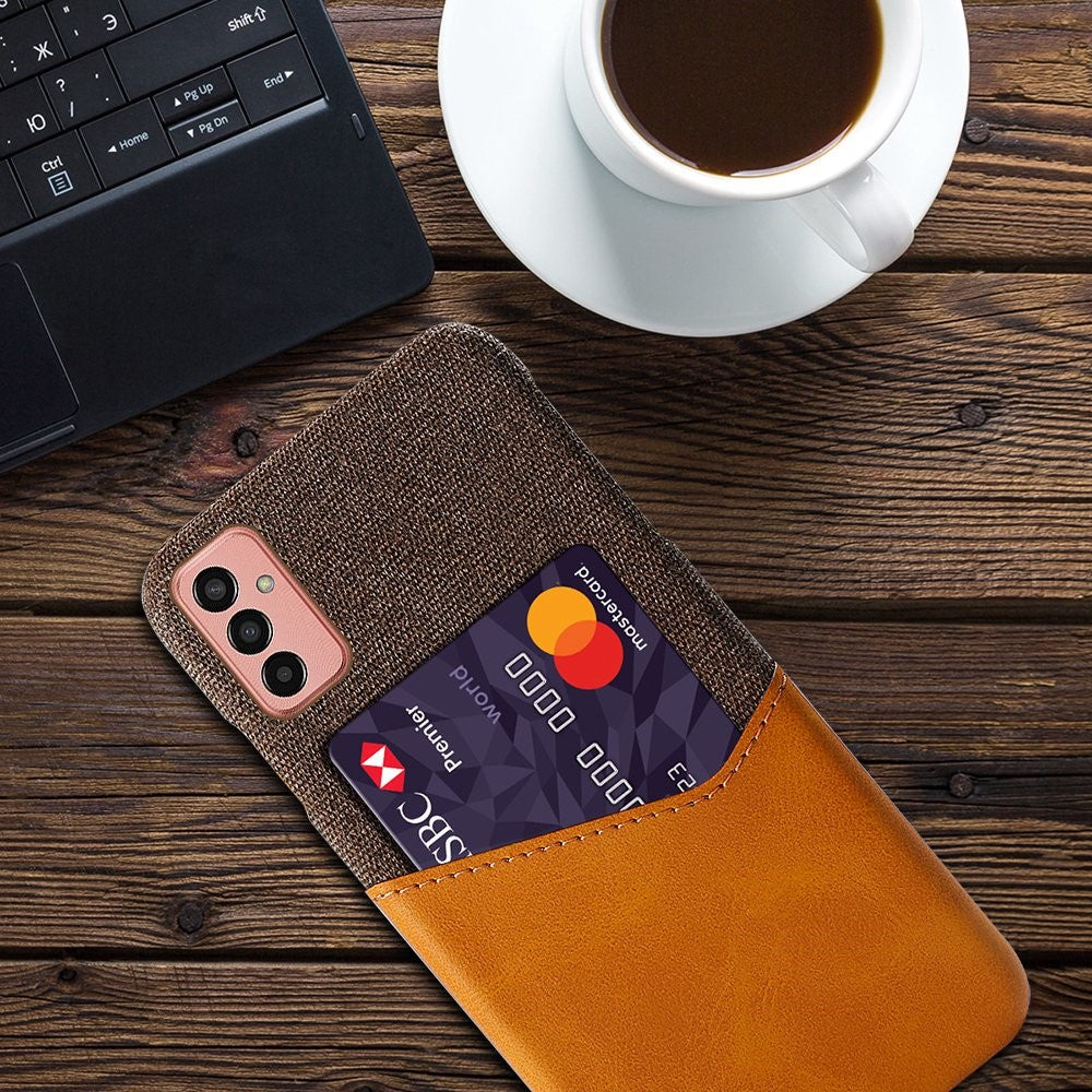 Cellphone Case for Samsung Galaxy M13 4G Card Holder Design Anti-fall Cloth Texture Phone Case PU Leather Coated PC Cover - Brown