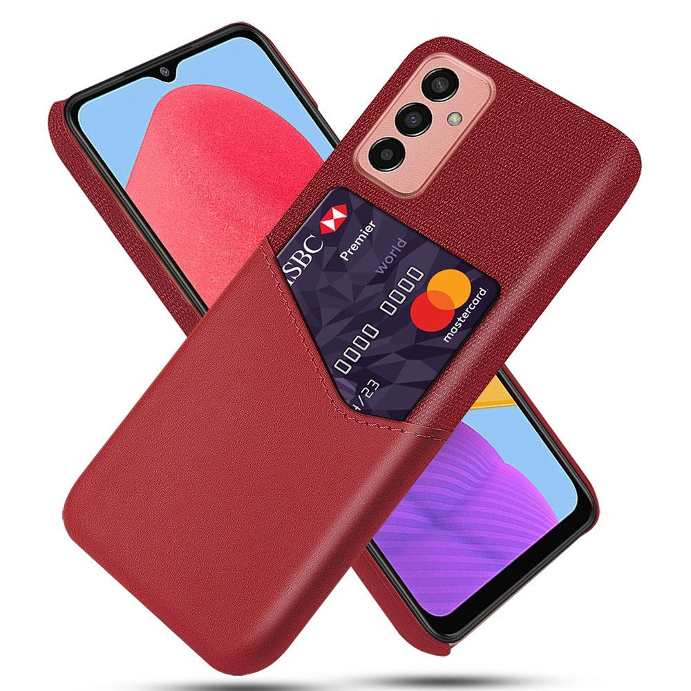 Cellphone Case for Samsung Galaxy M13 4G Card Holder Design Anti-fall Cloth Texture Phone Case PU Leather Coated PC Cover - Red