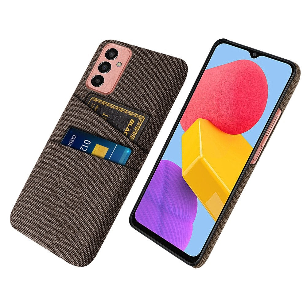 For Samsung Galaxy M13 4G Cloth Texture Phone Case Fall Prevention Dual Card Slots PC Protective Back Cover - Brown