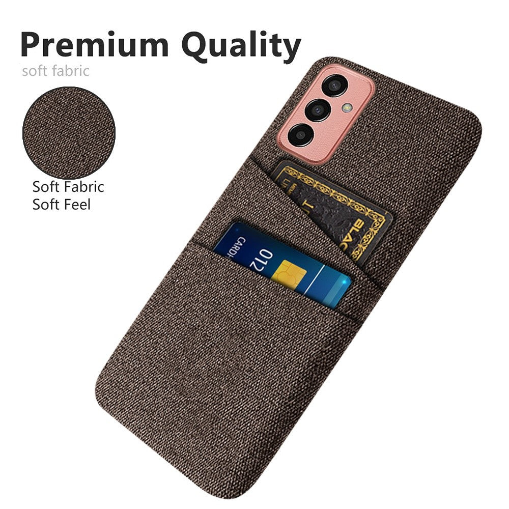 For Samsung Galaxy M13 4G Cloth Texture Phone Case Fall Prevention Dual Card Slots PC Protective Back Cover - Brown