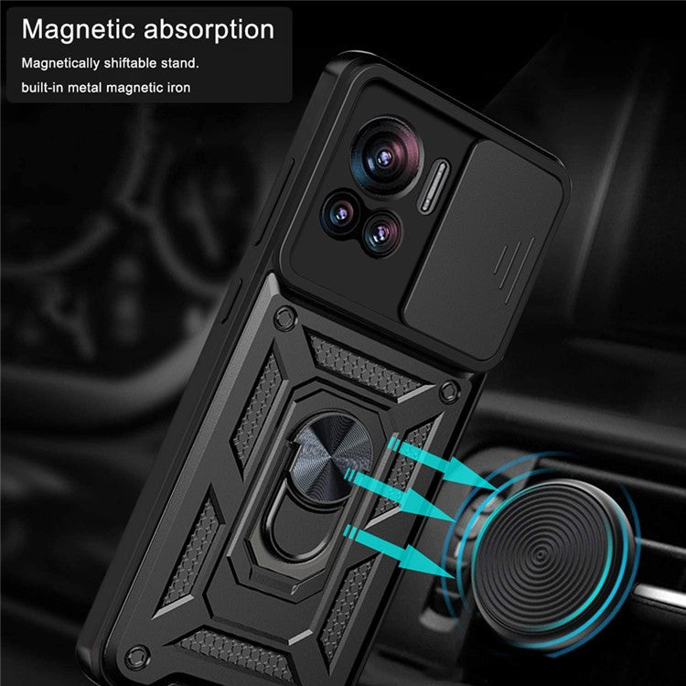 PC + TPU Phone Cover For Motorola Moto X30 Pro 5G / Edge 30 Ultra 5G Ring Kickstand Anti-fall Phone Case with Slide Camera Lid - Black