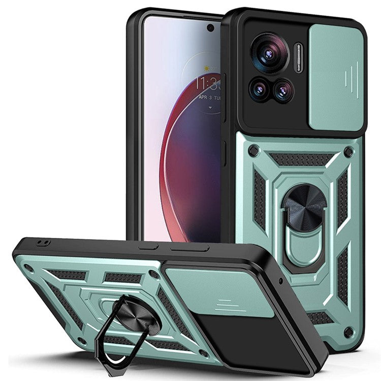 PC + TPU Phone Cover For Motorola Moto X30 Pro 5G / Edge 30 Ultra 5G Ring Kickstand Anti-fall Phone Case with Slide Camera Lid - Green