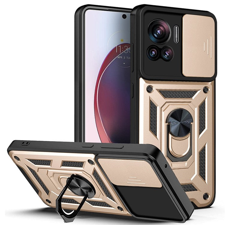 PC + TPU Phone Cover For Motorola Moto X30 Pro 5G / Edge 30 Ultra 5G Ring Kickstand Anti-fall Phone Case with Slide Camera Lid - Gold