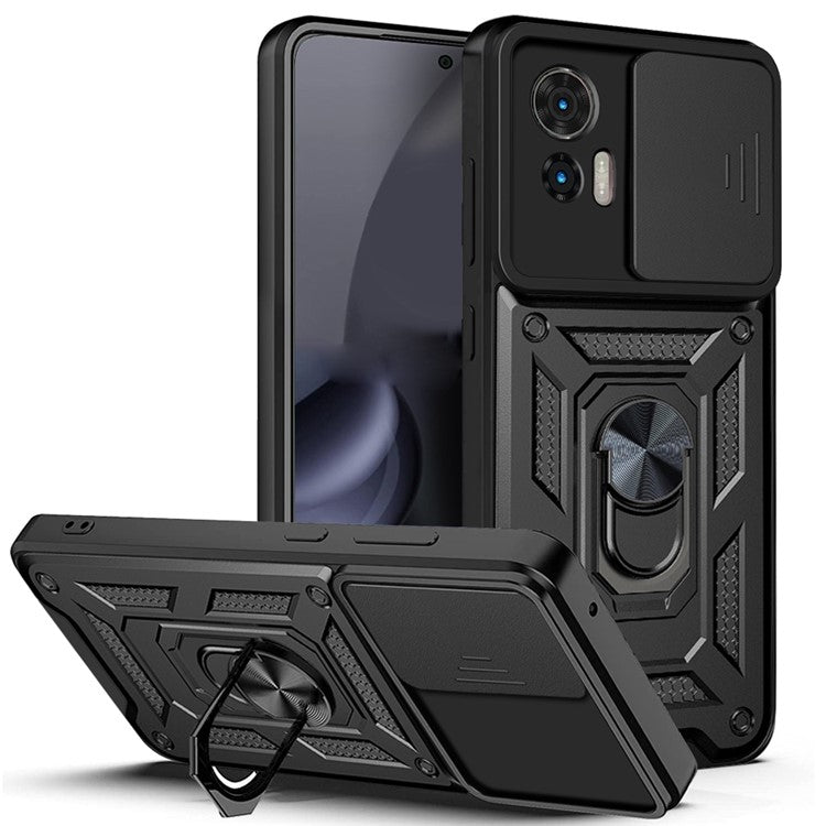 For Motorola Edge 30 Neo 5G / Edge 30 Lite Fall Prevention PC + TPU Hybrid Cover with Ring Kickstand Phone Case with Slide Camera Protector - Black