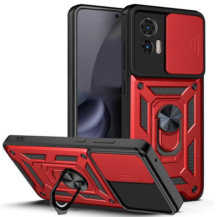 For Motorola Edge 30 Neo 5G / Edge 30 Lite Fall Prevention PC + TPU Hybrid Cover with Ring Kickstand Phone Case with Slide Camera Protector - Red