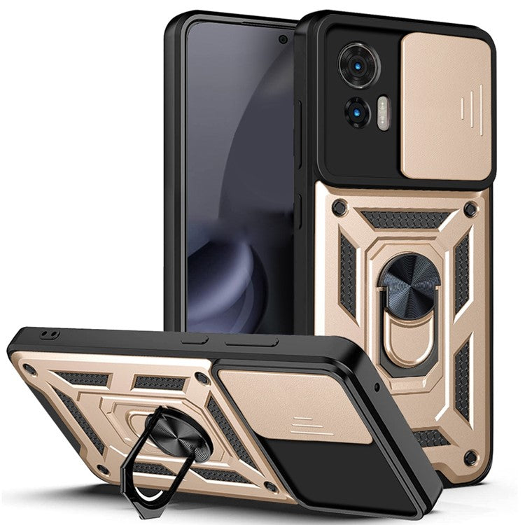 For Motorola Edge 30 Neo 5G / Edge 30 Lite Fall Prevention PC + TPU Hybrid Cover with Ring Kickstand Phone Case with Slide Camera Protector - Gold
