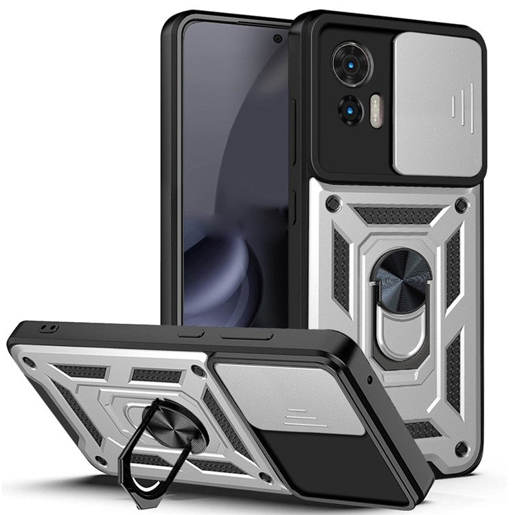 For Motorola Edge 30 Neo 5G / Edge 30 Lite Fall Prevention PC + TPU Hybrid Cover with Ring Kickstand Phone Case with Slide Camera Protector - Silver