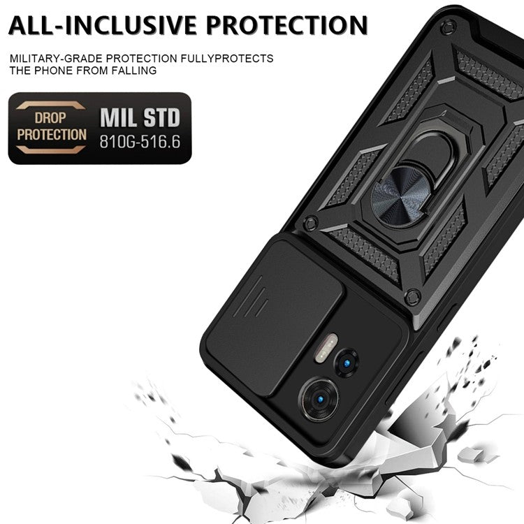 For Motorola Edge 30 Neo 5G / Edge 30 Lite Fall Prevention PC + TPU Hybrid Cover with Ring Kickstand Phone Case with Slide Camera Protector - Silver