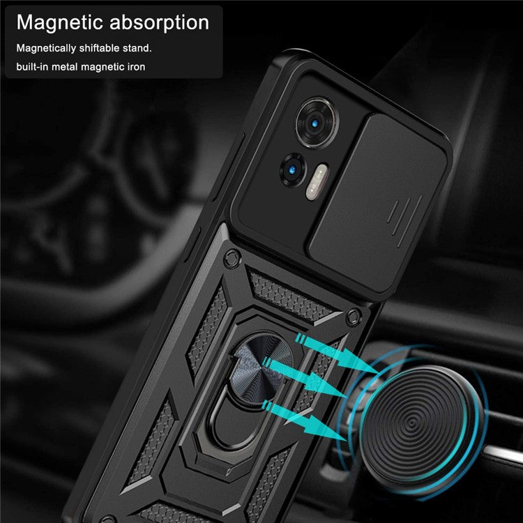 For Motorola Edge 30 Neo 5G / Edge 30 Lite Fall Prevention PC + TPU Hybrid Cover with Ring Kickstand Phone Case with Slide Camera Protector - Silver