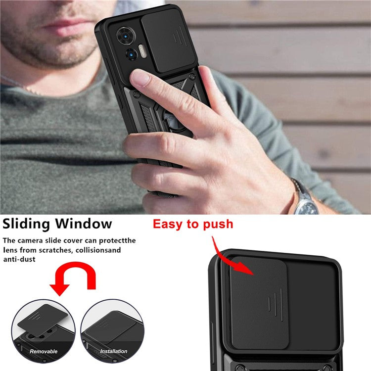 For Motorola Edge 30 Neo 5G / Edge 30 Lite Fall Prevention PC + TPU Hybrid Cover with Ring Kickstand Phone Case with Slide Camera Protector - Silver