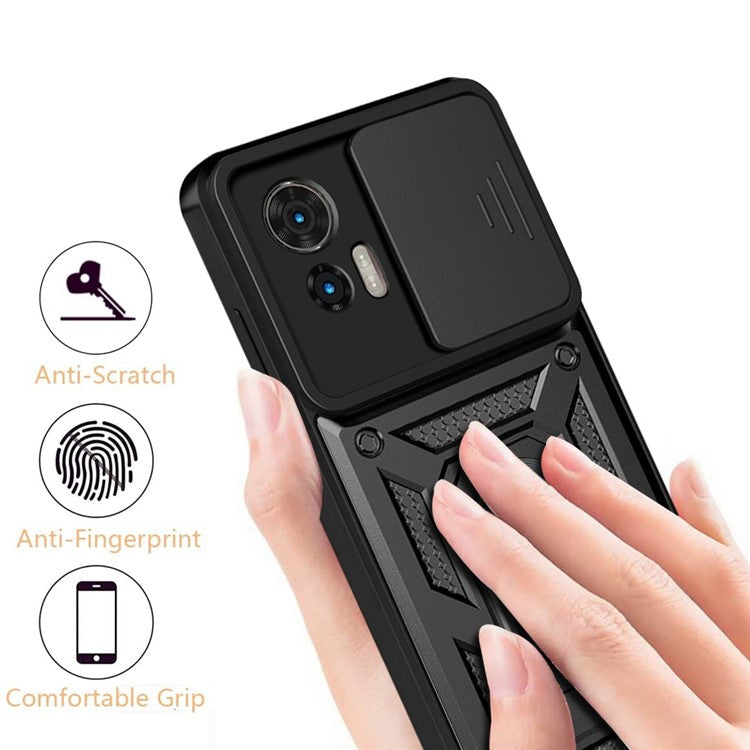 For Motorola Edge 30 Neo 5G / Edge 30 Lite Fall Prevention PC + TPU Hybrid Cover with Ring Kickstand Phone Case with Slide Camera Protector - Silver