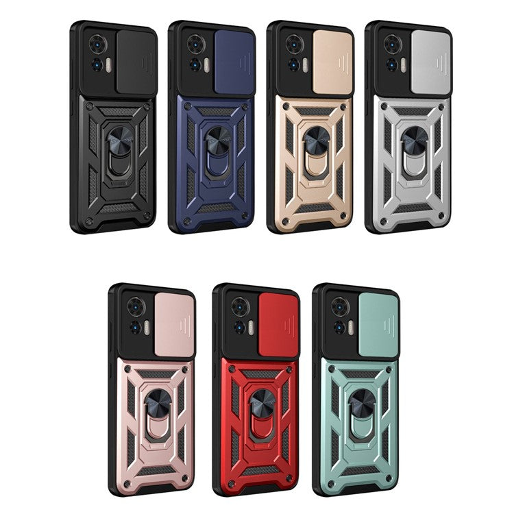 For Motorola Edge 30 Neo 5G / Edge 30 Lite Fall Prevention PC + TPU Hybrid Cover with Ring Kickstand Phone Case with Slide Camera Protector - Silver
